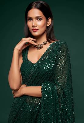 Deep Green Thread And Multiple Sequins Embroidered Georgette Designer Saree 4