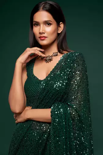 Deep Green Thread And Multiple Sequins Embroidered Georgette Designer Saree