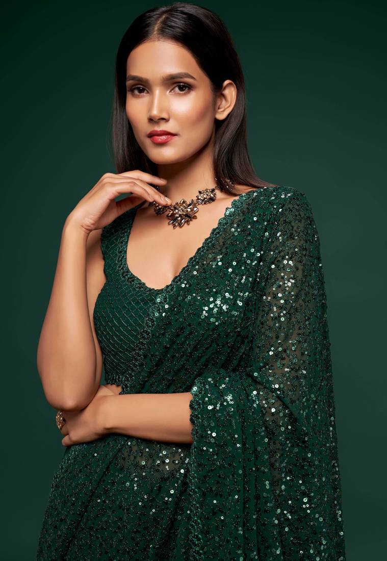 Deep Green Thread And Multiple Sequins Embroidered Georgette Designer Saree