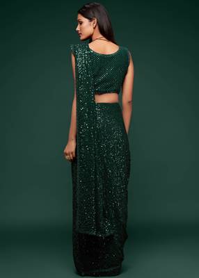Deep Green Thread And Multiple Sequins Embroidered Georgette Designer Saree 5