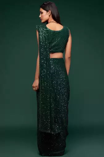 Deep Green Thread And Multiple Sequins Embroidered Georgette Designer Saree