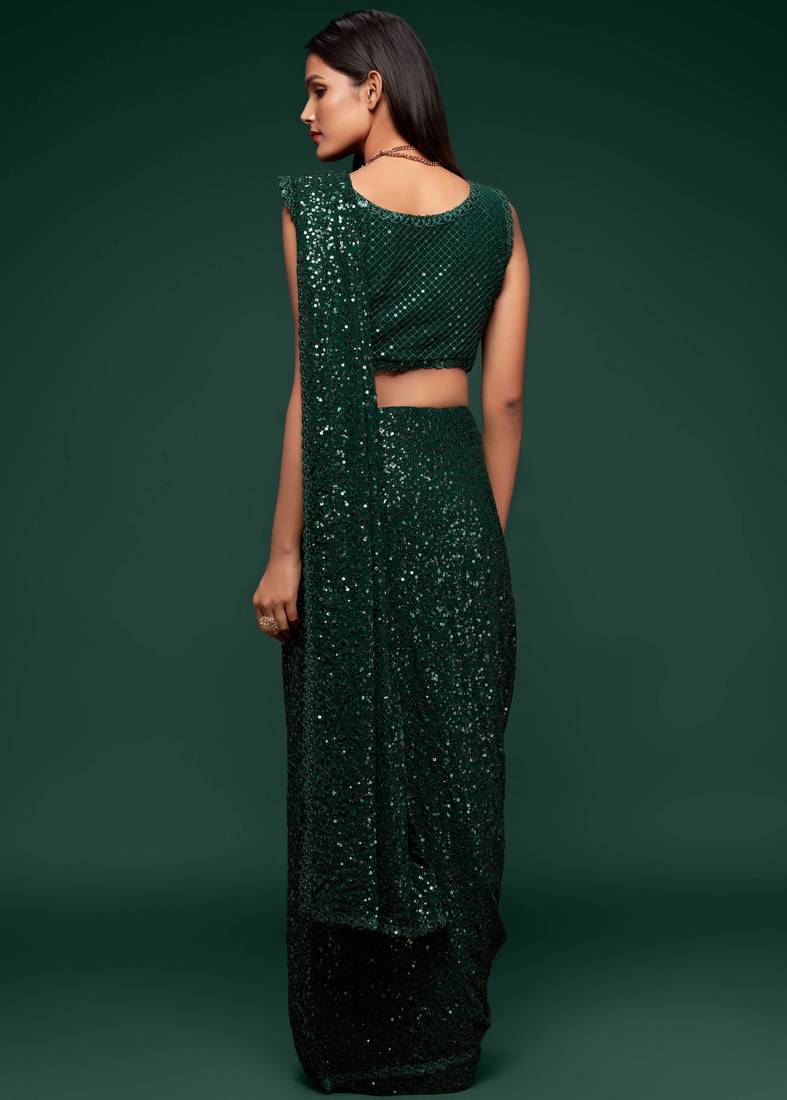 Deep Green Thread And Multiple Sequins Embroidered Georgette Designer Saree