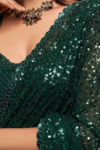 Deep Green Thread And Multiple Sequins Embroidered Georgette Designer Saree