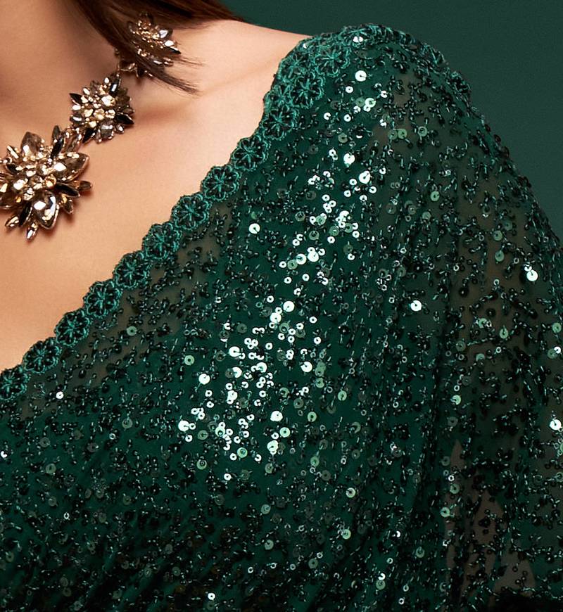 Deep Green Thread And Multiple Sequins Embroidered Georgette Designer Saree