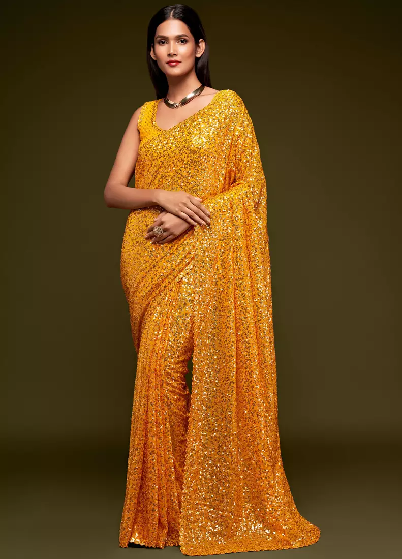 HONEY YELLOW THREAD AND MULTIPLE SEQUINS EMBROIDERED GEORGETTE DESIGNER SAREE
