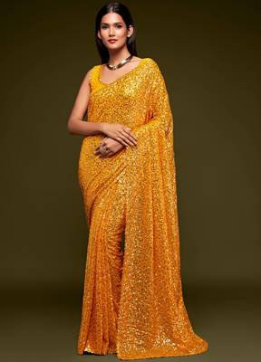 Bright Yellow Georgette Sequin Embroidered Saree for Women 1