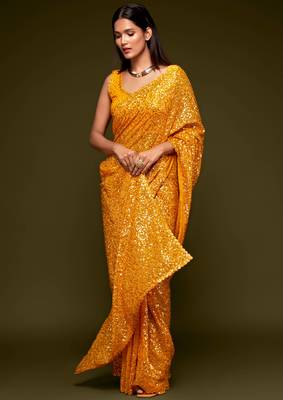 Bright Yellow Georgette Sequin Embroidered Saree for Women 3