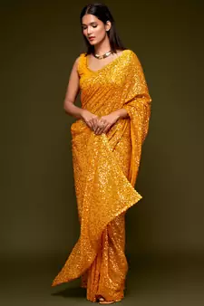 Bright Yellow Georgette Sequin Embroidered Saree for Women