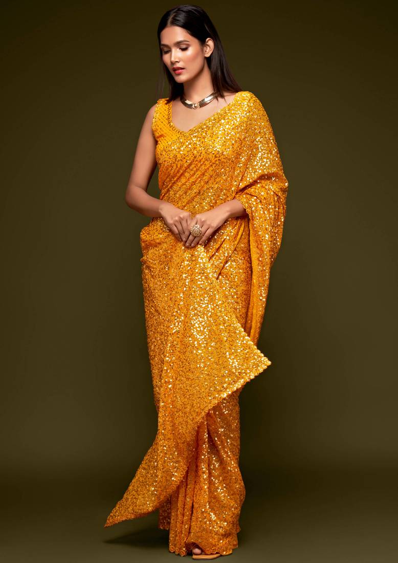 Bright Yellow Georgette Sequin Embroidered Saree for Women