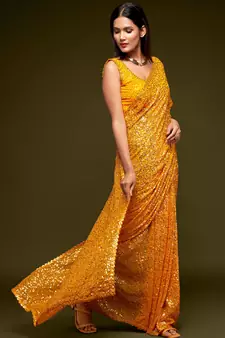 Bright Yellow Georgette Sequin Embroidered Saree for Women