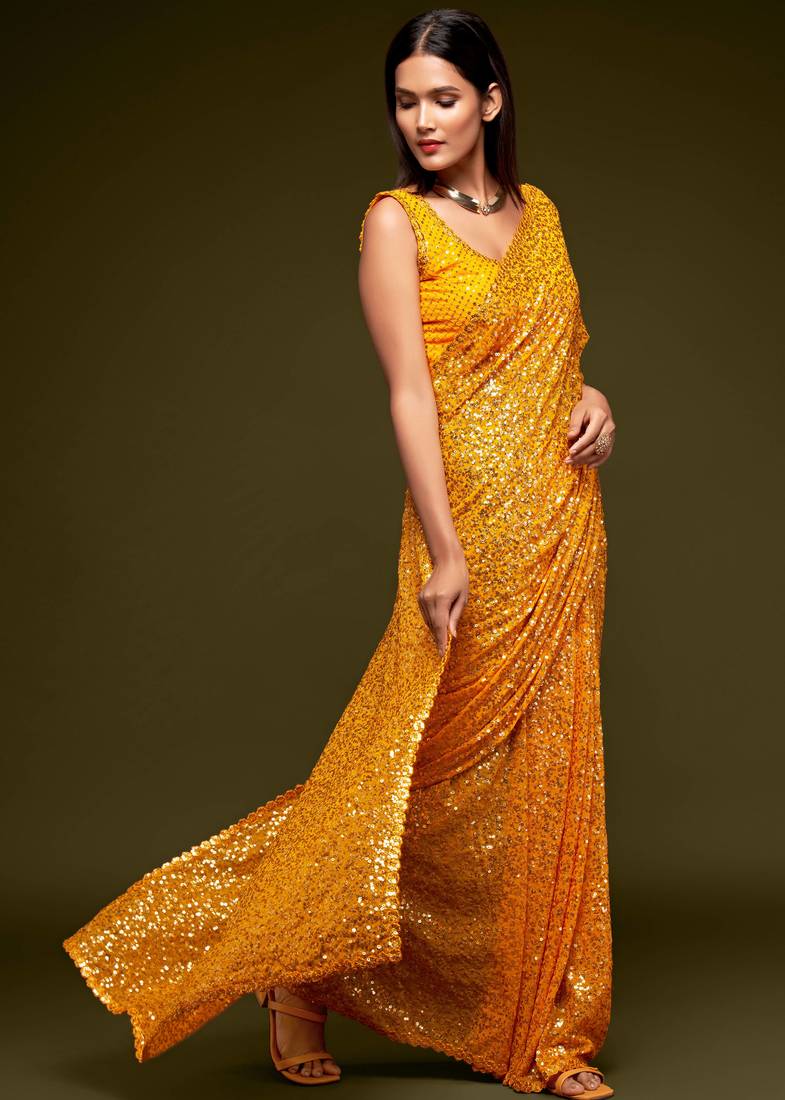 Bright Yellow Georgette Sequin Embroidered Saree for Women