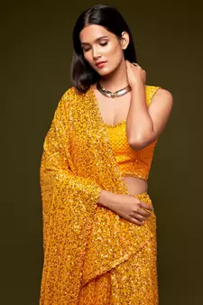 Bright Yellow Georgette Sequin Embroidered Saree for Women