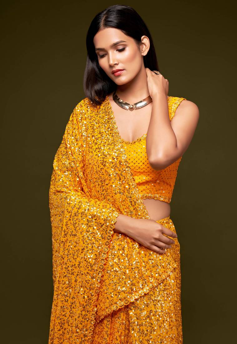 Bright Yellow Georgette Sequin Embroidered Saree for Women