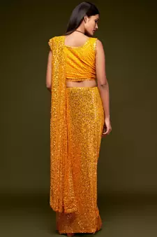 Bright Yellow Georgette Sequin Embroidered Saree for Women