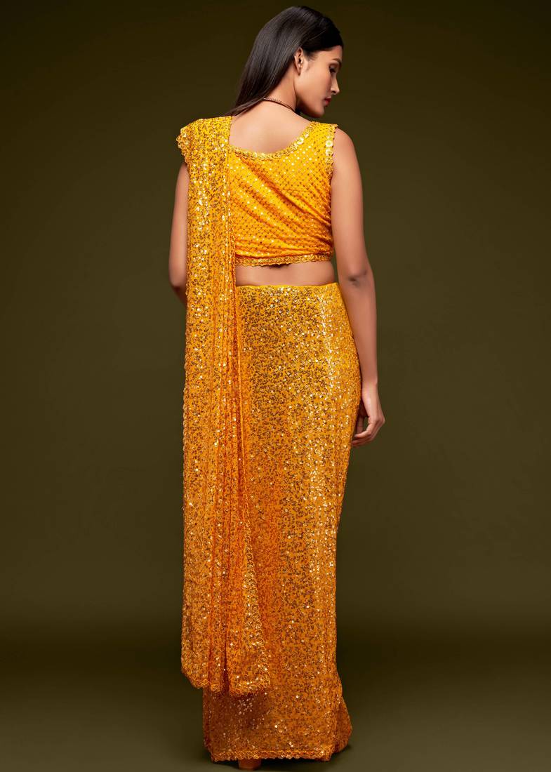 Bright Yellow Georgette Sequin Embroidered Saree for Women