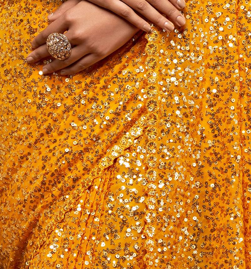 Bright Yellow Georgette Sequin Embroidered Saree for Women