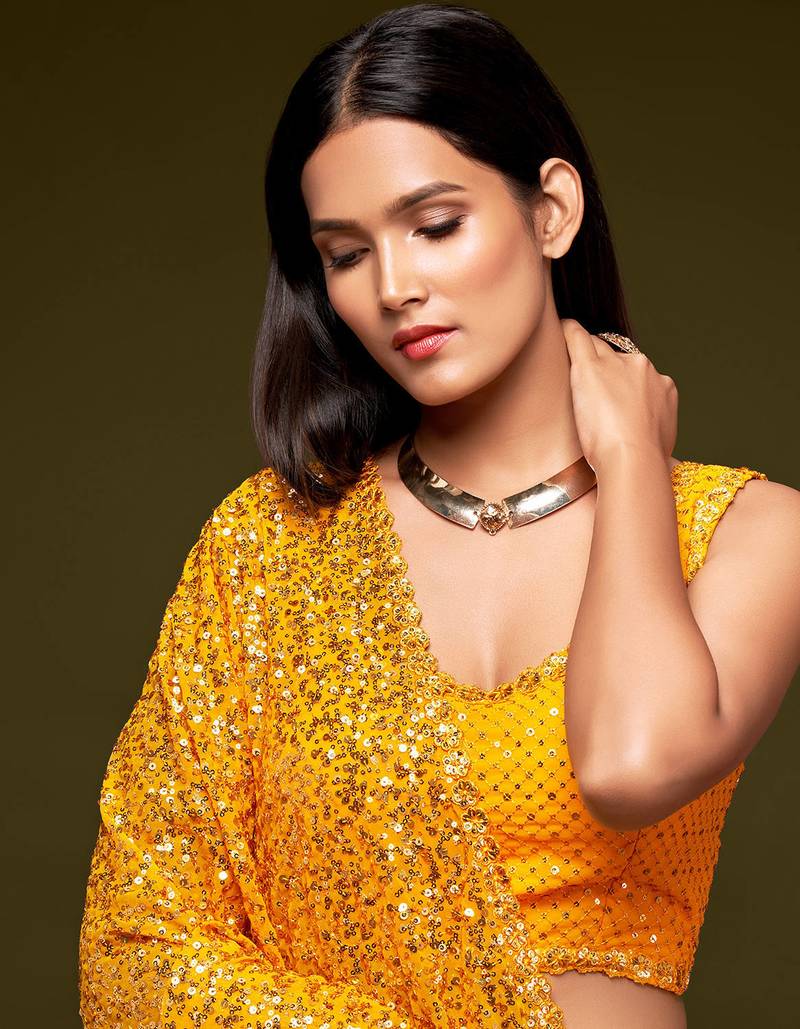 Bright Yellow Georgette Sequin Embroidered Saree for Women