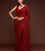 Ruby Red Thread And Multiple Sequins Embroidered Georgette Designer Saree