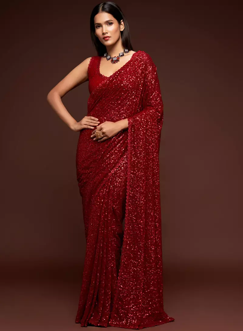 RUBY RED THREAD AND MULTIPLE SEQUINS EMBROIDERED GEORGETTE DESIGNER SAREE