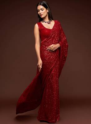 Ruby Red Thread And Multiple Sequins Embroidered Georgette Designer Saree 3