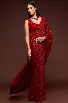 Ruby Red Thread And Multiple Sequins Embroidered Georgette Designer Saree
