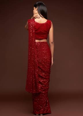 Ruby Red Thread And Multiple Sequins Embroidered Georgette Designer Saree 4