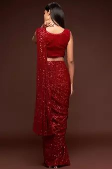 Ruby Red Thread And Multiple Sequins Embroidered Georgette Designer Saree