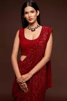 Ruby Red Thread And Multiple Sequins Embroidered Georgette Designer Saree