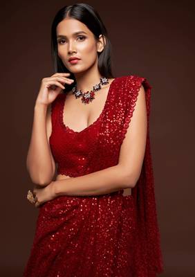 Ruby Red Thread And Multiple Sequins Embroidered Georgette Designer Saree 6