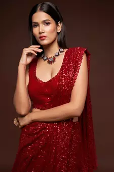 Ruby Red Thread And Multiple Sequins Embroidered Georgette Designer Saree