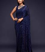 Dark Blue Thread And Multiple Sequins Embroidered Georgette Designer Saree