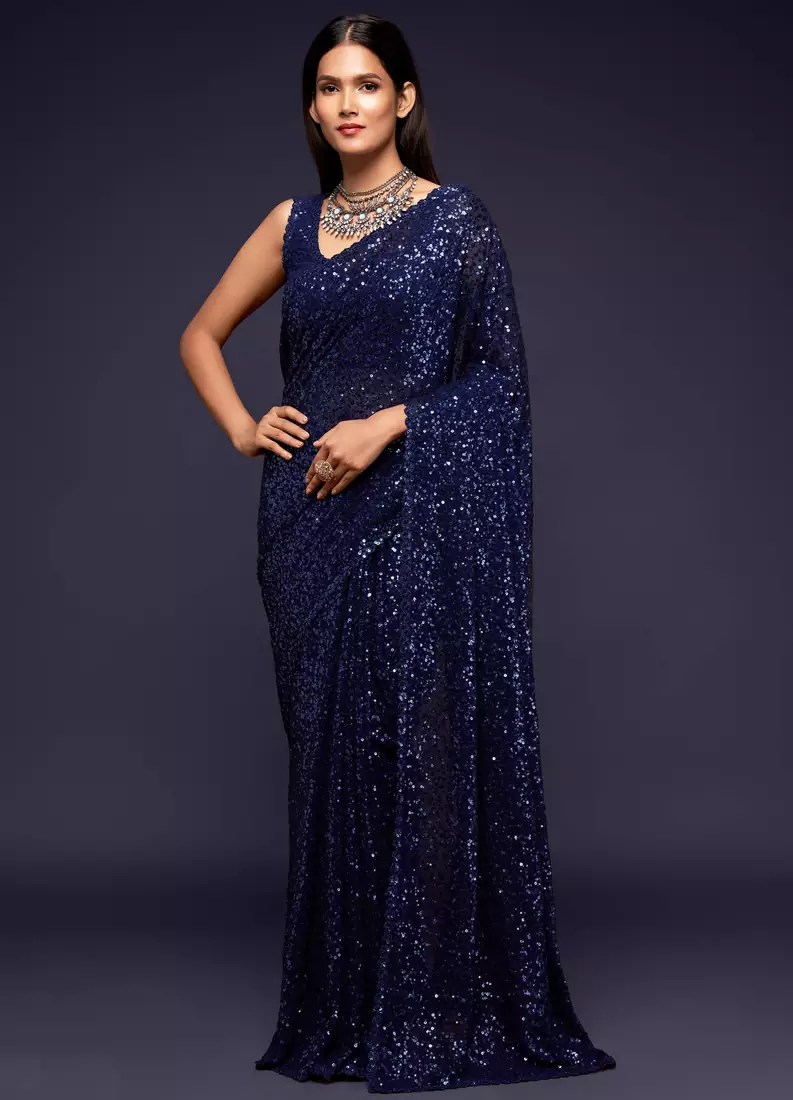 DARK BLUE THREAD AND MULTIPLE SEQUINS EMBROIDERED GEORGETTE DESIGNER SAREE