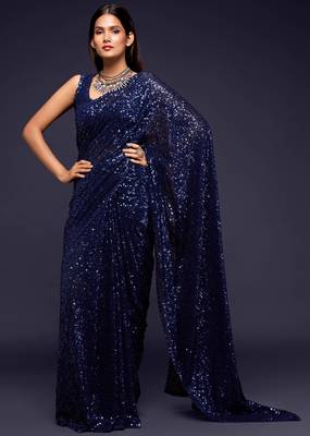 Dark Blue Thread And Multiple Sequins Embroidered Georgette Designer Saree 3