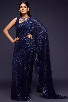 Dark Blue Thread And Multiple Sequins Embroidered Georgette Designer Saree