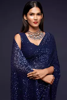 Dark Blue Thread And Multiple Sequins Embroidered Georgette Designer Saree