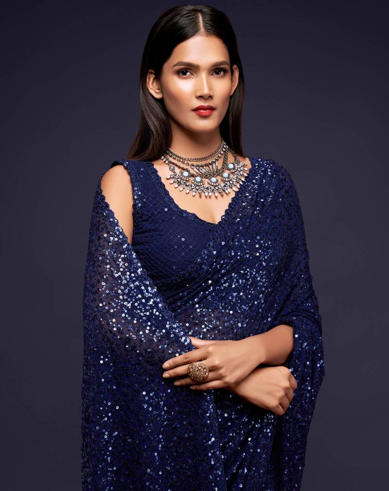 Dark Blue Thread And Multiple Sequins Embroidered Georgette Designer Saree