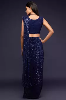 Dark Blue Thread And Multiple Sequins Embroidered Georgette Designer Saree