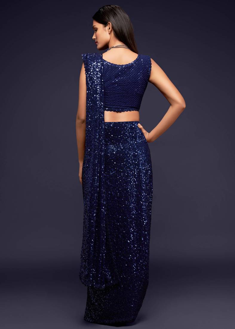 Dark Blue Thread And Multiple Sequins Embroidered Georgette Designer Saree