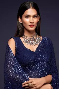 Dark Blue Thread And Multiple Sequins Embroidered Georgette Designer Saree