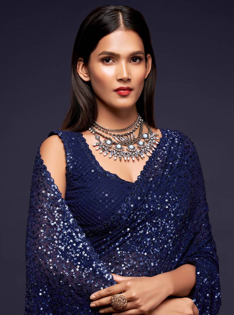 Dark Blue Thread And Multiple Sequins Embroidered Georgette Designer Saree