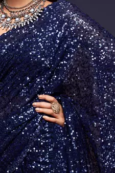 Dark Blue Thread And Multiple Sequins Embroidered Georgette Designer Saree