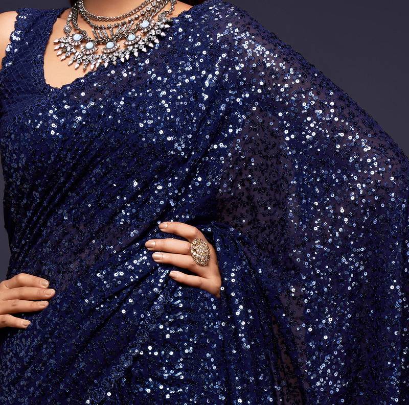 Dark Blue Thread And Multiple Sequins Embroidered Georgette Designer Saree