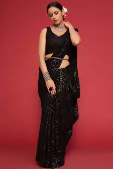 Black Sequins Embroidered Georgette Designer Party Wear Saree