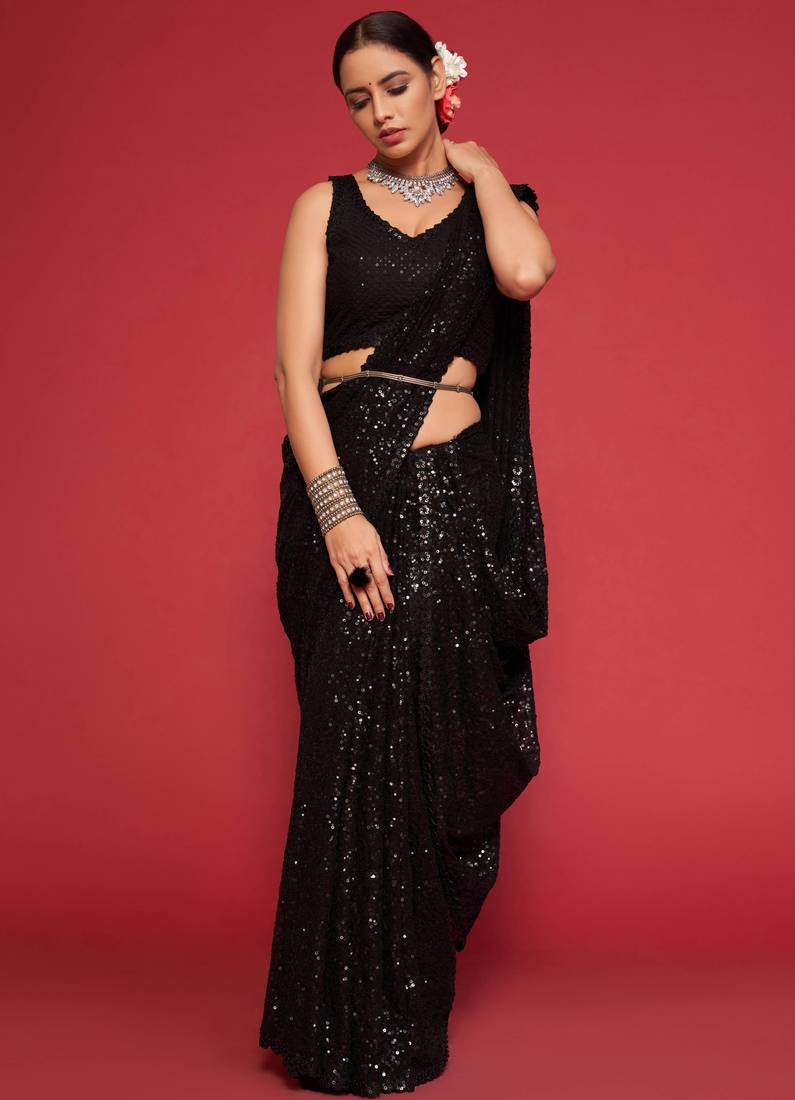 Black Sequins Embroidered Georgette Designer Party Wear Saree