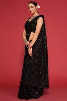 Black Sequins Embroidered Georgette Designer Party Wear Saree