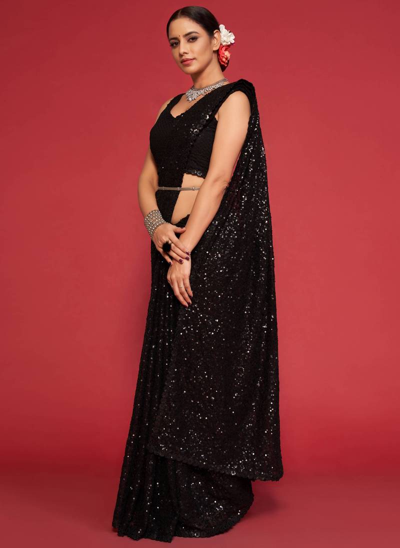 Black Sequins Embroidered Georgette Designer Party Wear Saree