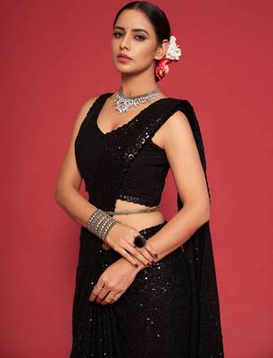 Black Sequins Embroidered Georgette Designer Party Wear Saree 6