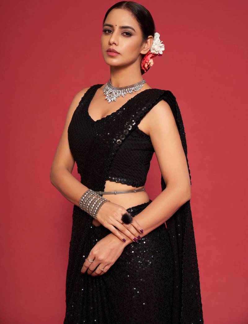 Black Sequins Embroidered Georgette Designer Party Wear Saree