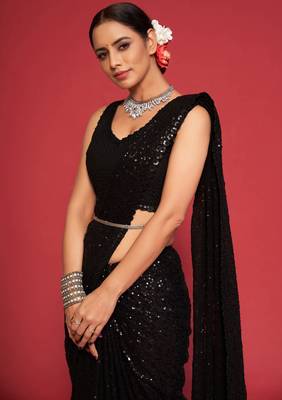 Black Sequins Embroidered Georgette Designer Party Wear Saree 7