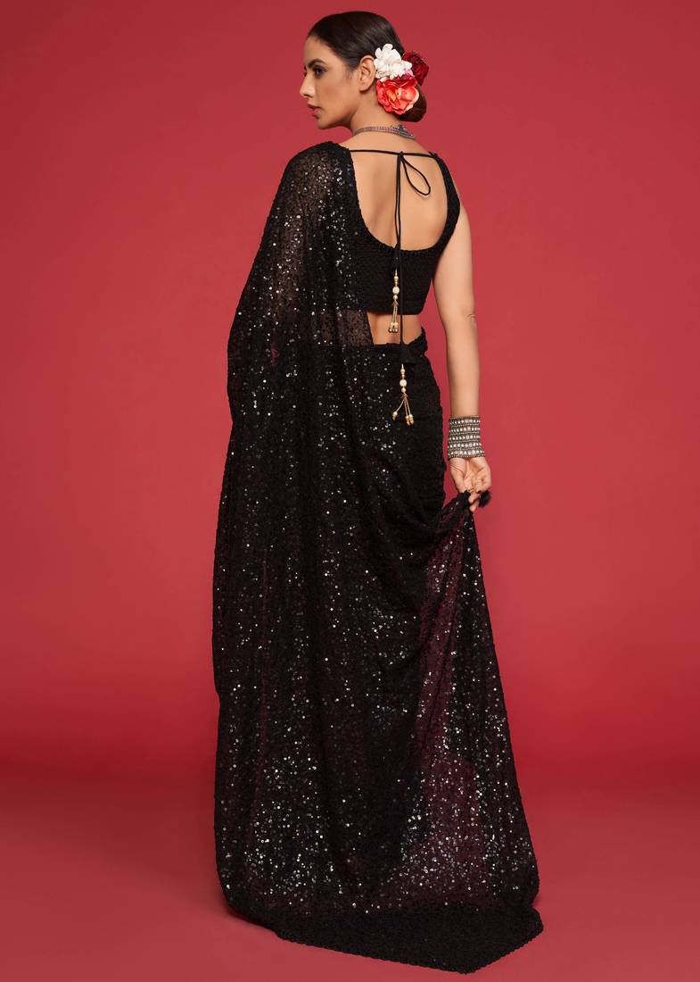 Black Sequins Embroidered Georgette Designer Party Wear Saree